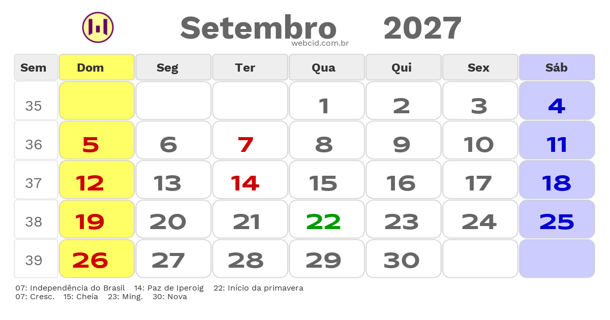 Calendário 2027 - Setembro - Ubatuba-SP com feriados e fases da lua