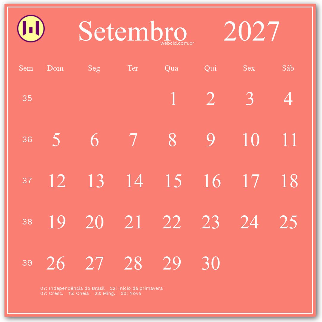 Calendário 2027 - Setembro - Brasil com feriados e fases da lua