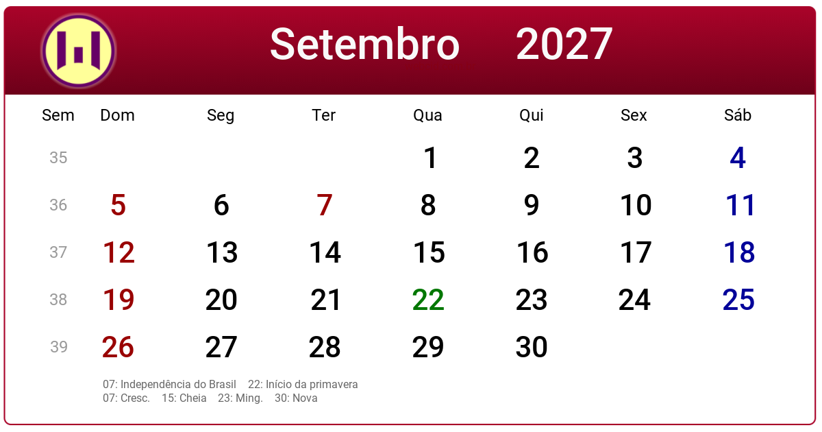 Calendário 2027 - Setembro - Brasil com feriados e fases da lua