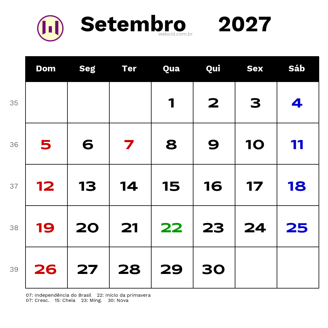Calendário 2027 - Setembro - Brasil com feriados e fases da lua