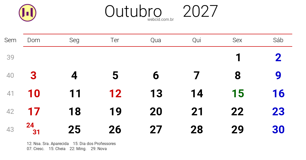 Calendário 2027 - Outubro - Brasil com feriados e fases da lua