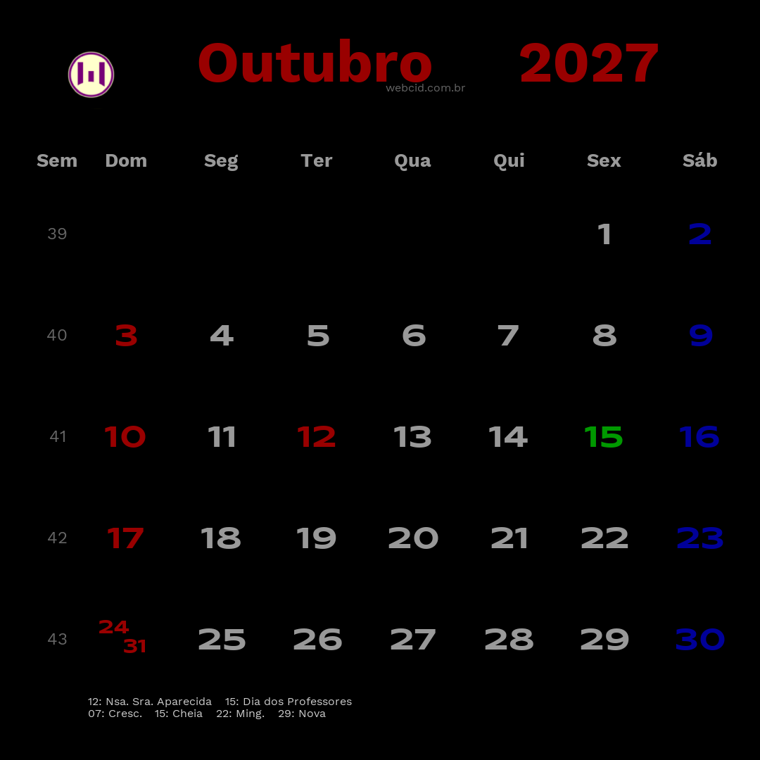 Calendário 2027 - Outubro - Brasil com feriados e fases da lua