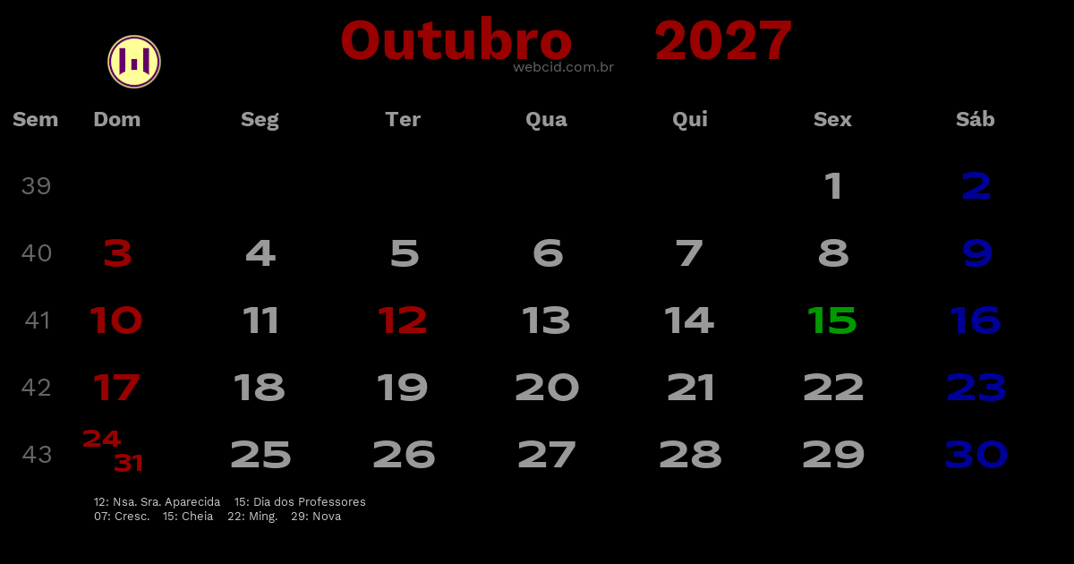 Calendário 2027 - Outubro - Brasil com feriados e fases da lua