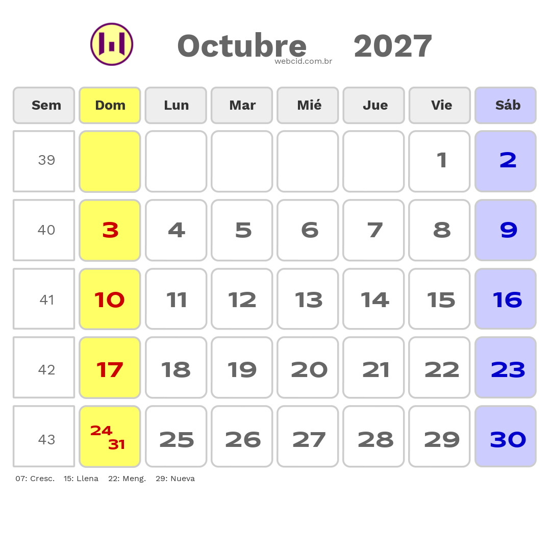 Calendario 2027 - Octubre - Argentina com feriados e fases da lua