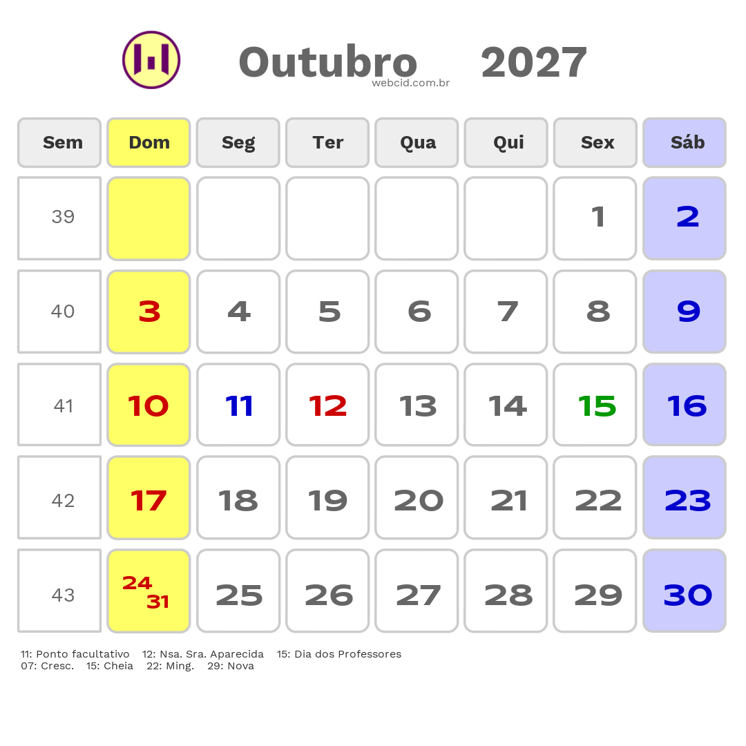 Calendário 2027 - Outubro - Santo Antonio de Jesus-BA com feriados e fases da lua