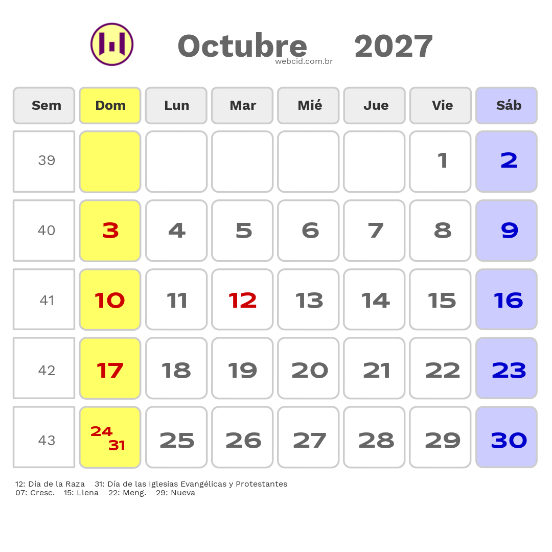 Calendario 2027 - Octubre - Chile com feriados e fases da lua