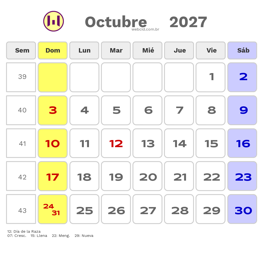 Calendario 2027 - Octubre - Colômbia com feriados e fases da lua