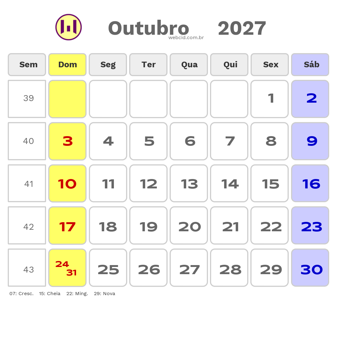 Calendário 2027 - Outubro - Copa do Mundo FIFA com feriados e fases da lua