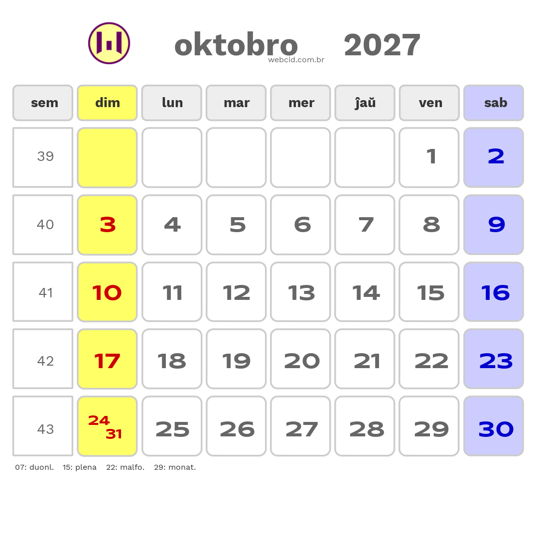 Kalendaro 2027 - oktobro - Esperanto-ESPERANTO com feriados e fases da lua
