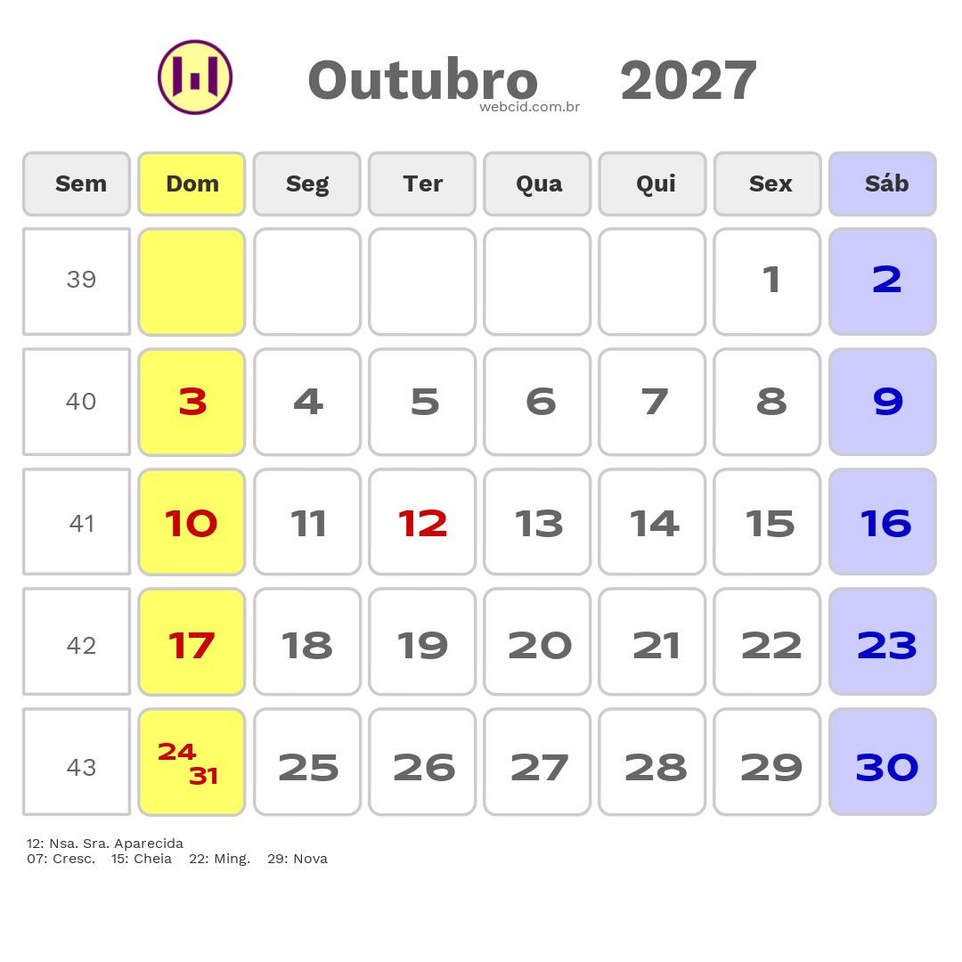 Calendário 2027 - Outubro - Feriados Bancários com feriados e fases da lua