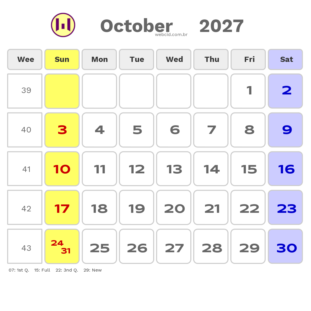 Calendar 2027 - October - Inglaterra com feriados e fases da lua