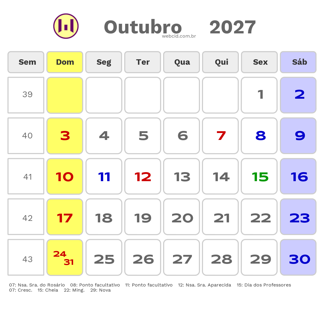 Calendário 2027 - Outubro - Guarantã do Norte-MT com feriados e fases da lua
