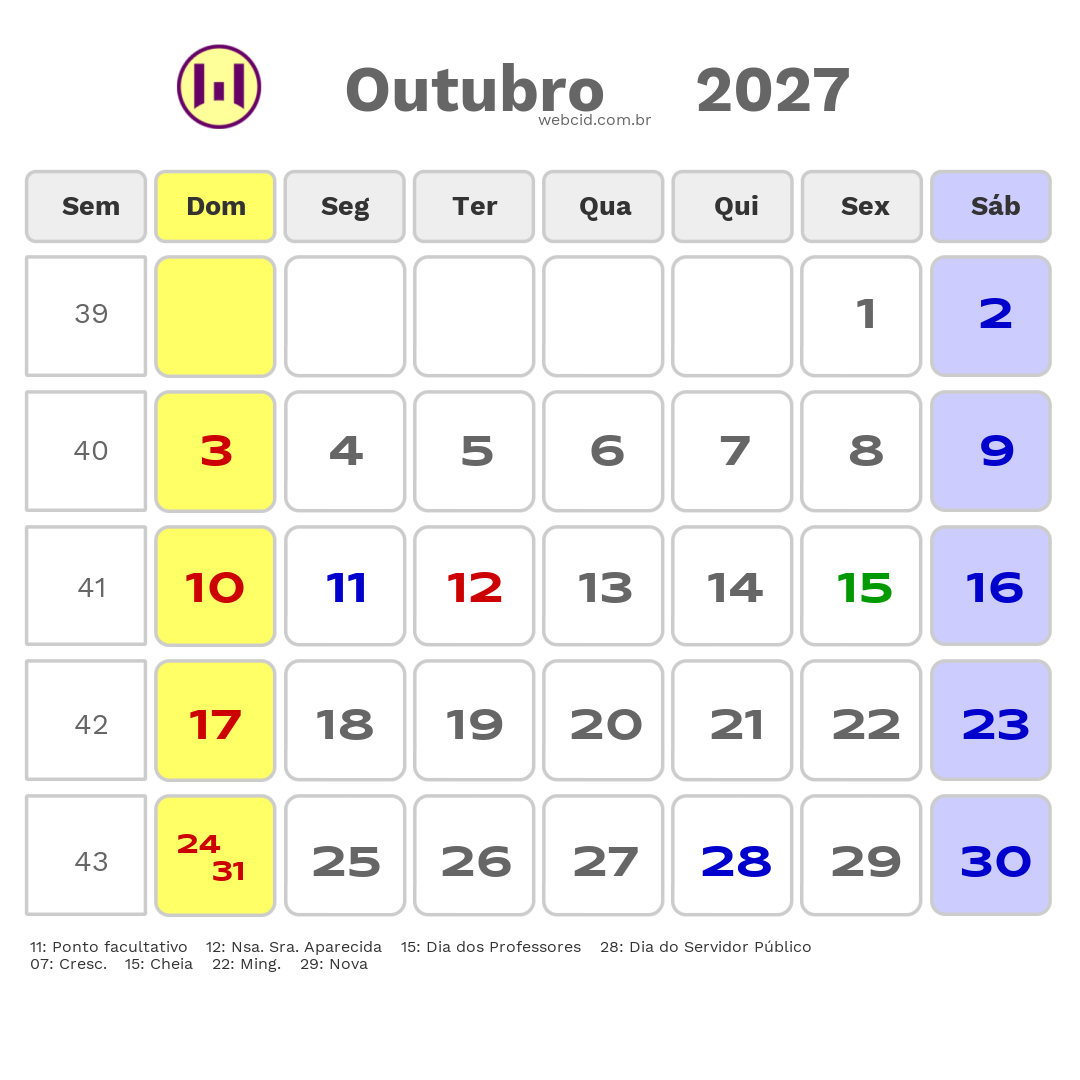 Calendário 2027 - Outubro - Ribeirão das Neves-MG com feriados e fases da lua