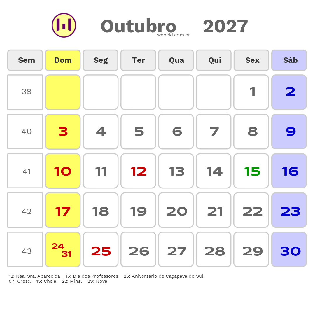 Calendário 2027 - Outubro - Caçapava do Sul-RS com feriados e fases da lua