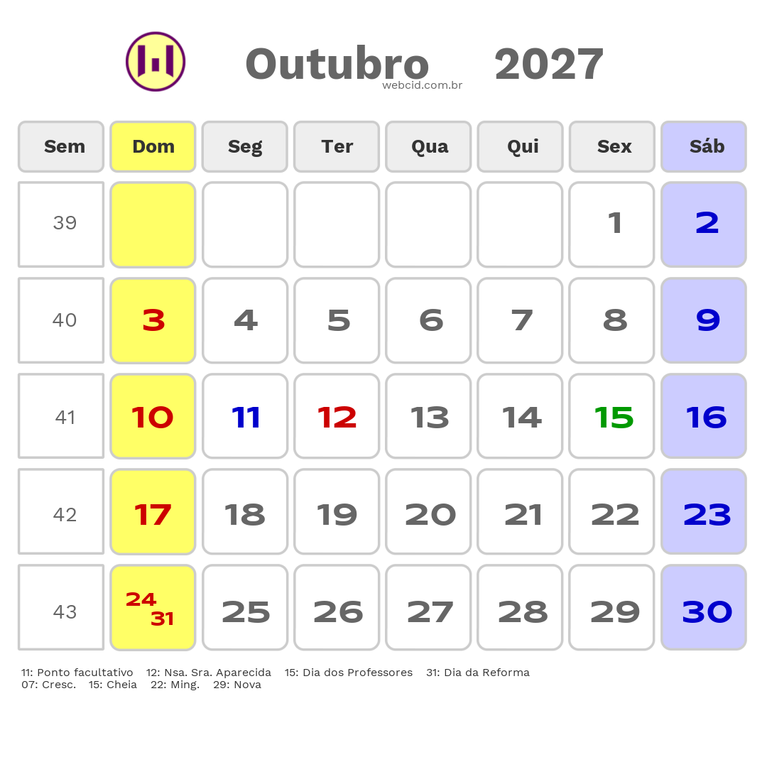 Calendário 2027 - Outubro - Não-Me-Toque-RS com feriados e fases da lua