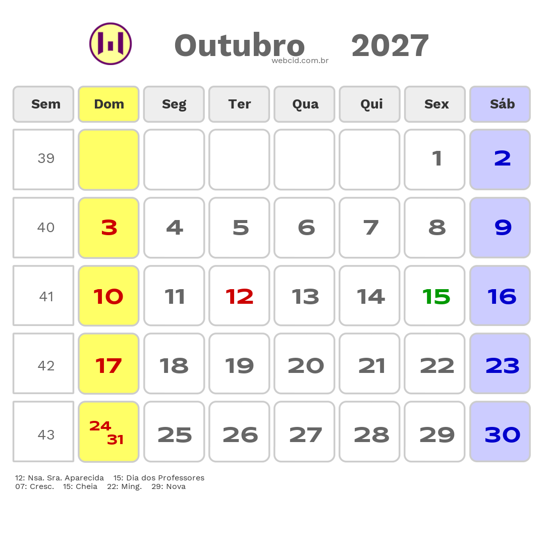 Calendário 2027 - Outubro - São Roque-SP com feriados e fases da lua