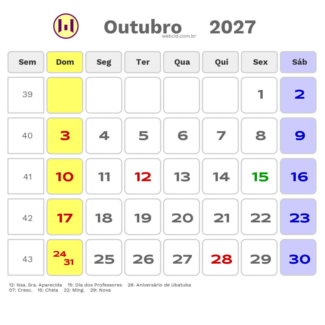 Calendário 2027 - Outubro - Ubatuba-SP com feriados e fases da lua