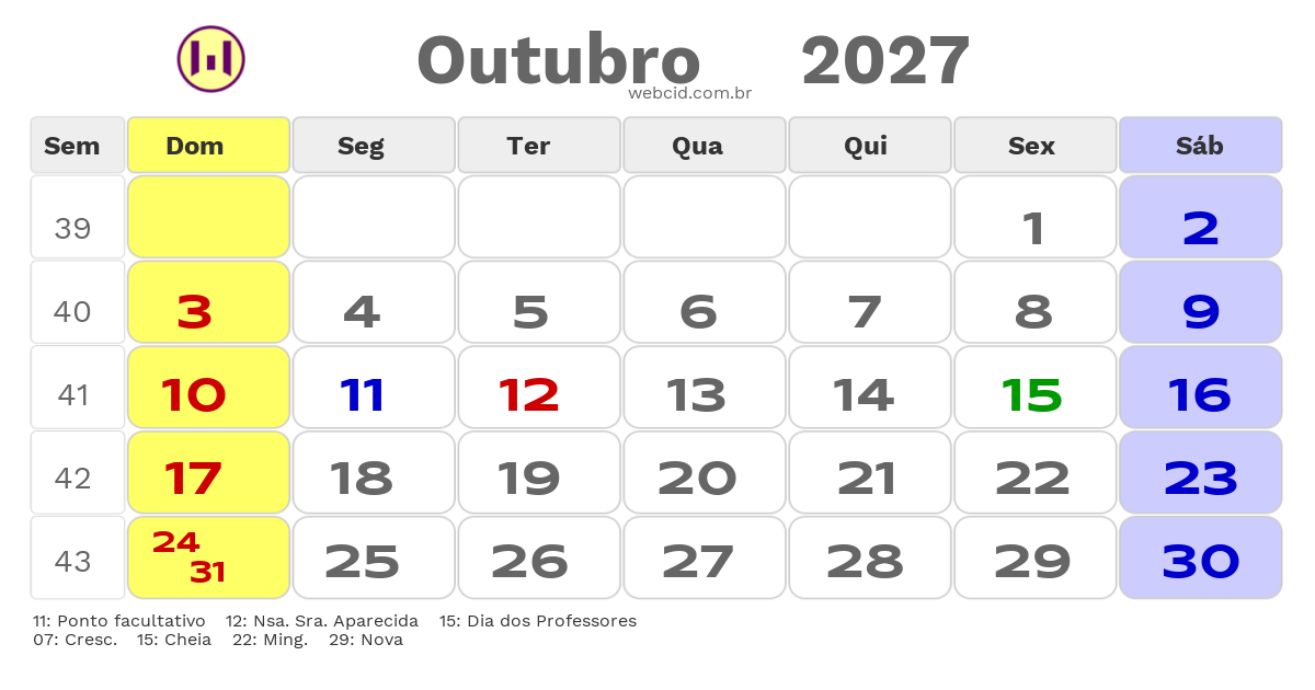 Calendário 2027 - Outubro - Santo Antonio de Jesus-BA com feriados e fases da lua