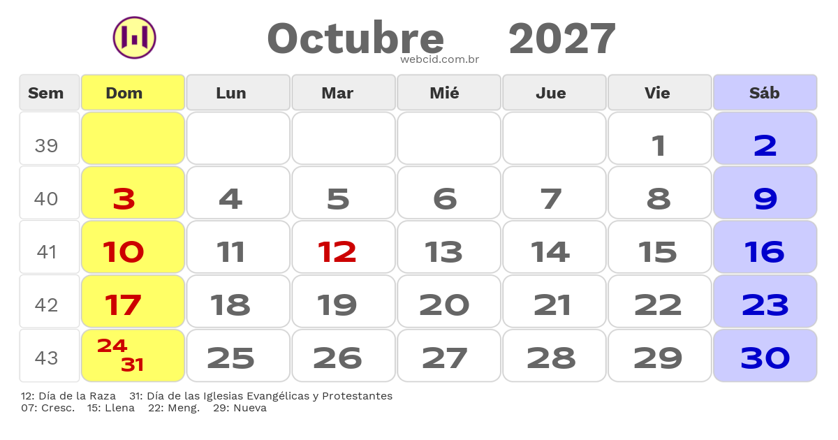 Calendario 2027 - Octubre - Chile com feriados e fases da lua