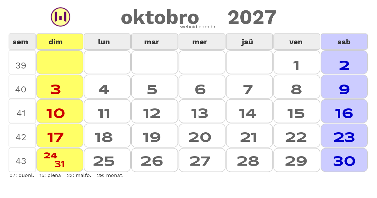Kalendaro 2027 - oktobro - Esperanto-ESPERANTO com feriados e fases da lua