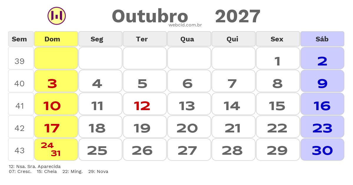 Calendário 2027 - Outubro - Feriados Bancários com feriados e fases da lua