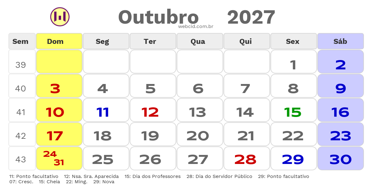 Calendário 2027 - Outubro - Carmo do Rio Verde-GO com feriados e fases da lua