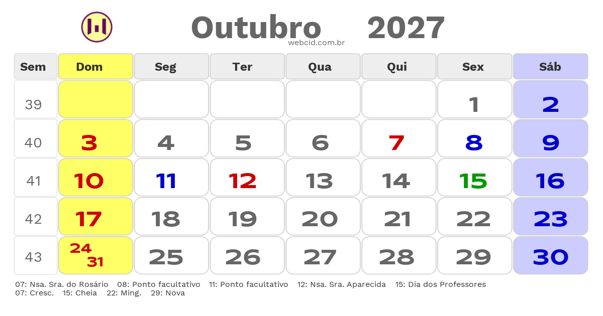 Calendário 2027 - Outubro - Guarantã do Norte-MT com feriados e fases da lua