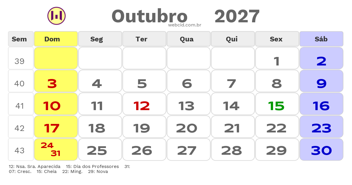 Calendário 2027 - Outubro - Marilandia do Sul-PR com feriados e fases da lua