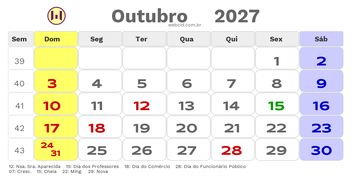 Calendário 2027 - Outubro - São Gonçalo-RJ com feriados e fases da lua