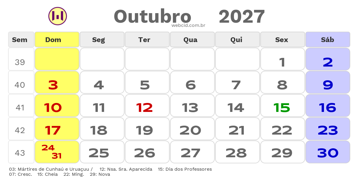 Calendário 2027 - Outubro - Santa Cruz-RN com feriados e fases da lua