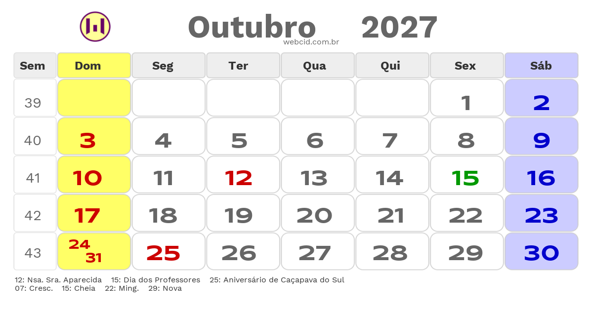 Calendário 2027 - Outubro - Caçapava do Sul-RS com feriados e fases da lua