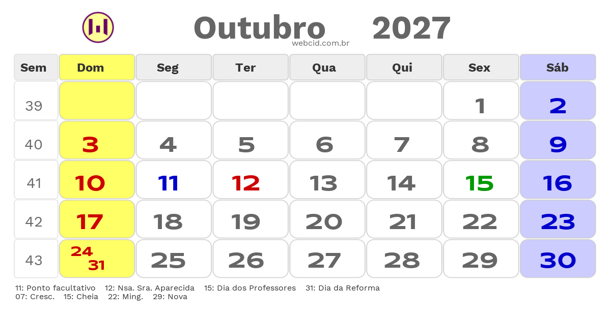 Calendário 2027 - Outubro - Não-Me-Toque-RS com feriados e fases da lua