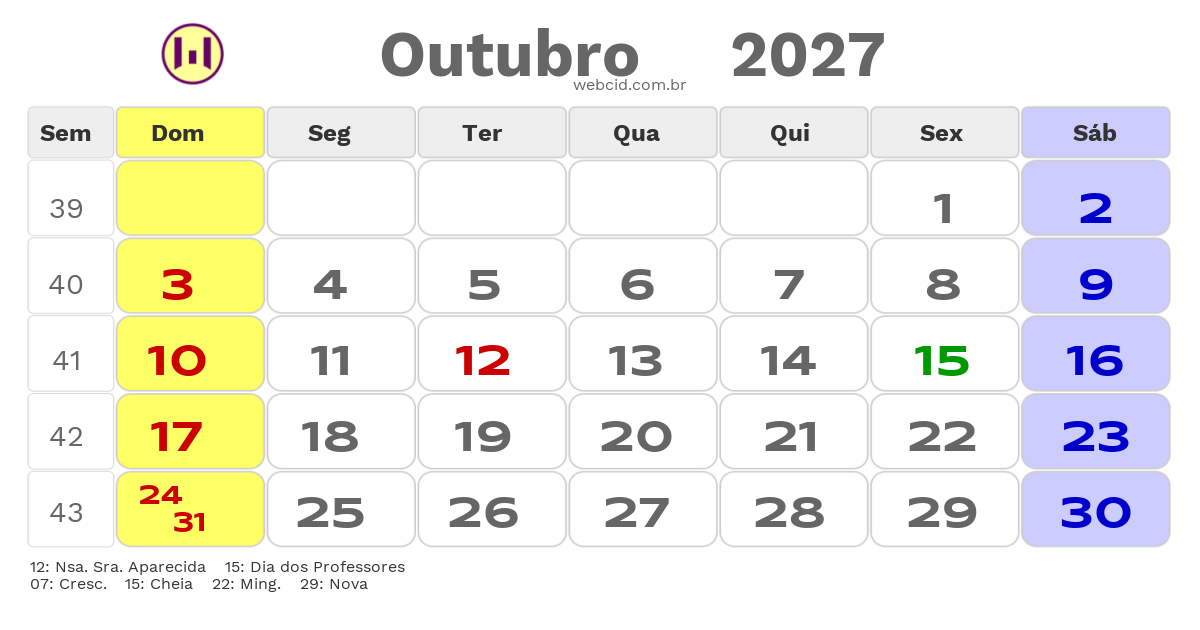 Calendário 2027 - Outubro - Timbe do Sul-SC com feriados e fases da lua