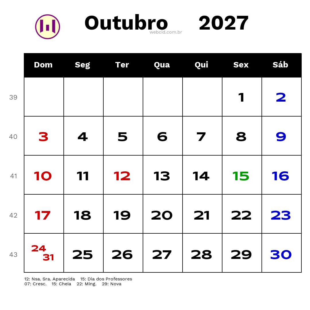 Calendário 2027 - Outubro - Brasil com feriados e fases da lua
