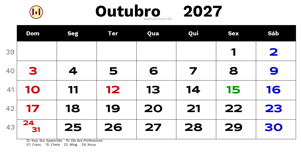 Calendário 2027 - Outubro - Brasil com feriados e fases da lua