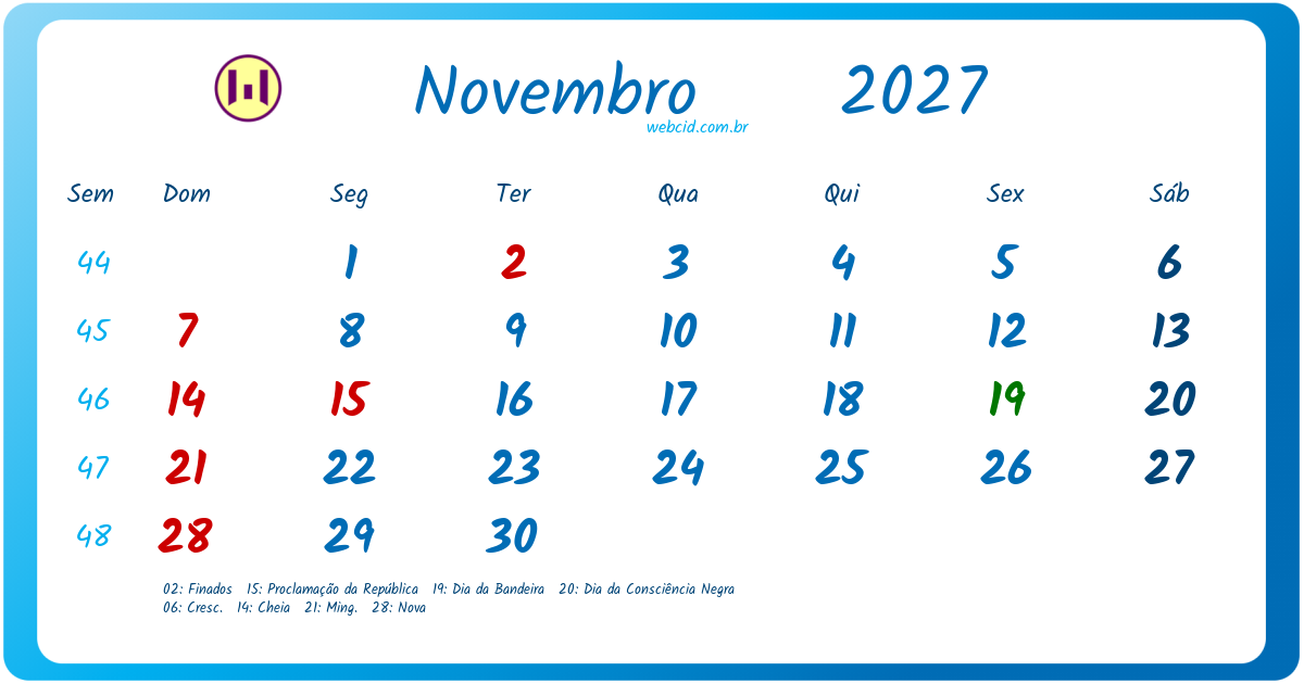 Calendário 2027 - Novembro - Brasil com feriados e fases da lua