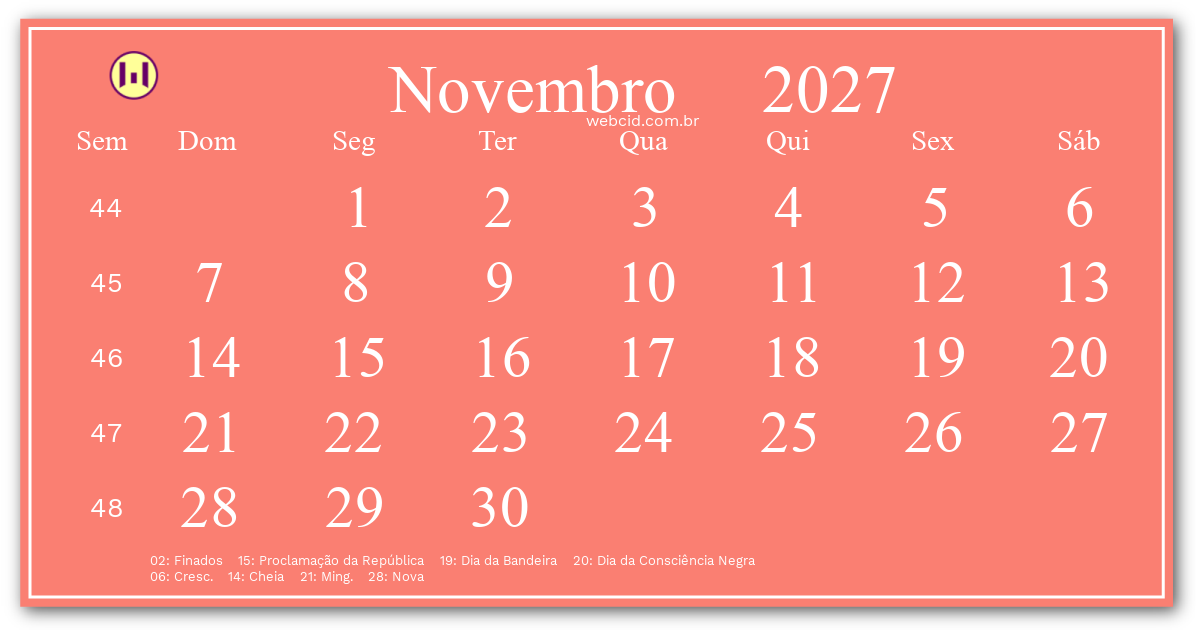 Calendário 2027 - Novembro - Brasil com feriados e fases da lua