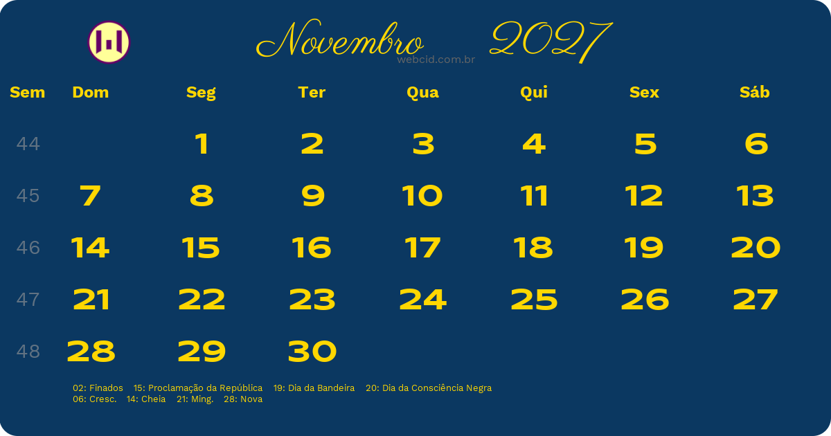Calendário 2027 - Novembro - Brasil com feriados e fases da lua