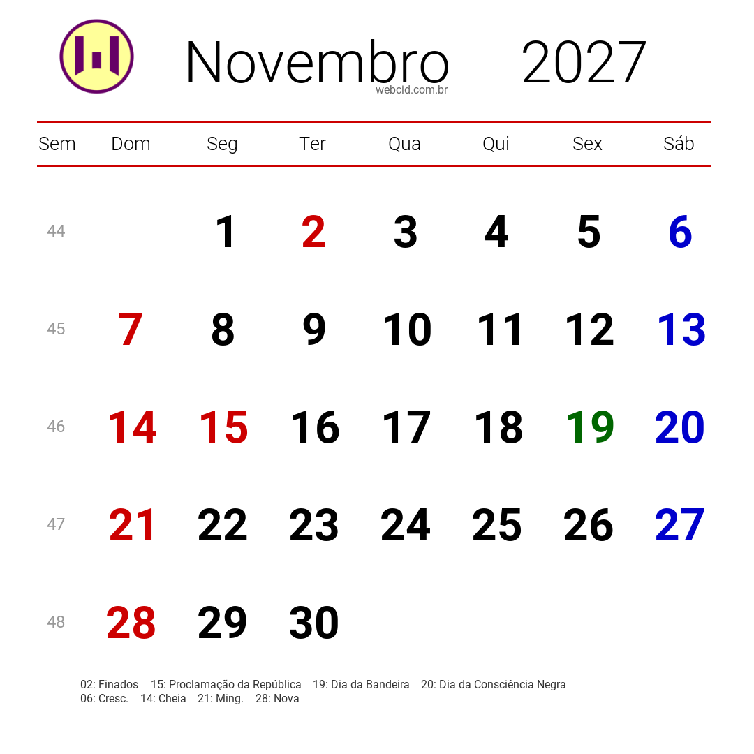 Calendário 2027 - Novembro - Brasil com feriados e fases da lua