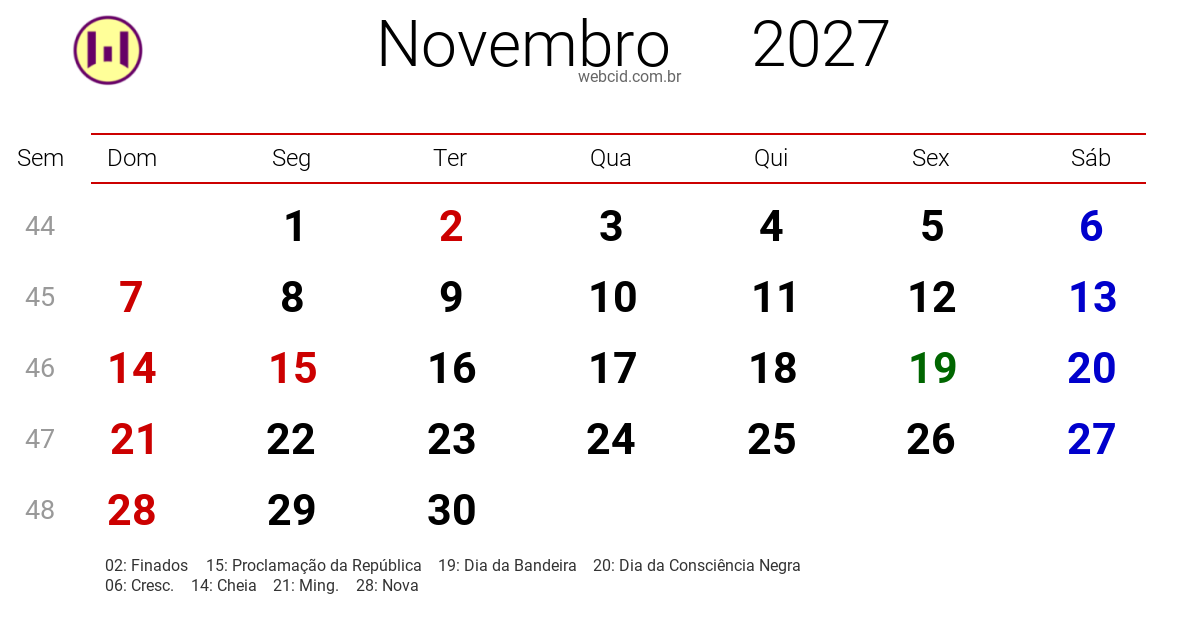Calendário 2027 - Novembro - Brasil com feriados e fases da lua