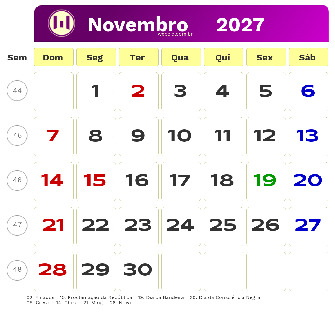 Calendário 2027 - Novembro - Brasil com feriados e fases da lua
