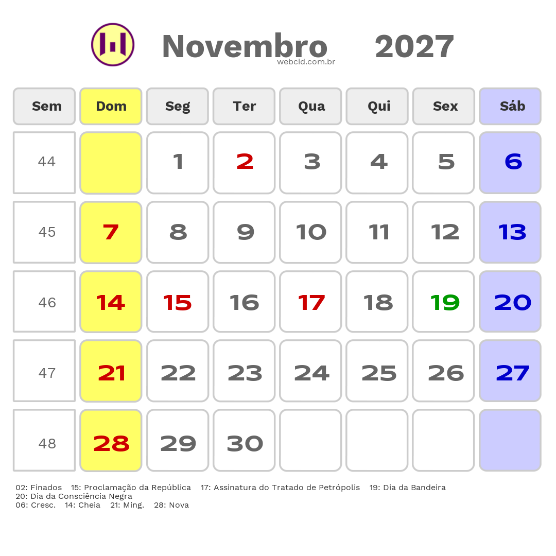 Calendário 2027 - Novembro - Feijó-AC com feriados e fases da lua