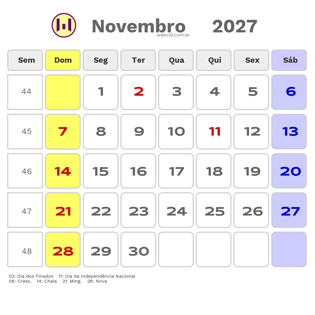 Calendário 2027 - Novembro - Angola com feriados e fases da lua
