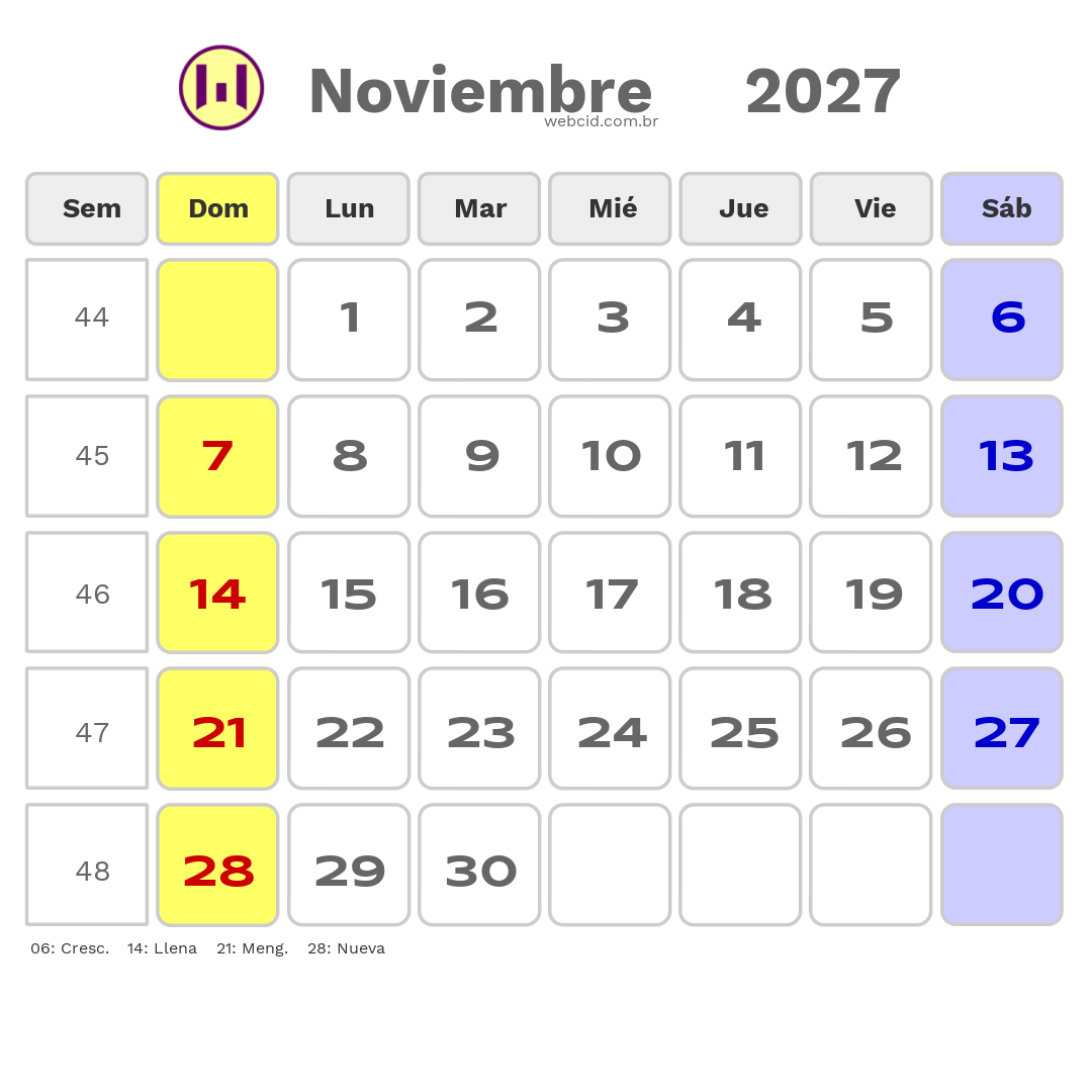 Calendario 2027 - Noviembre - Argentina com feriados e fases da lua