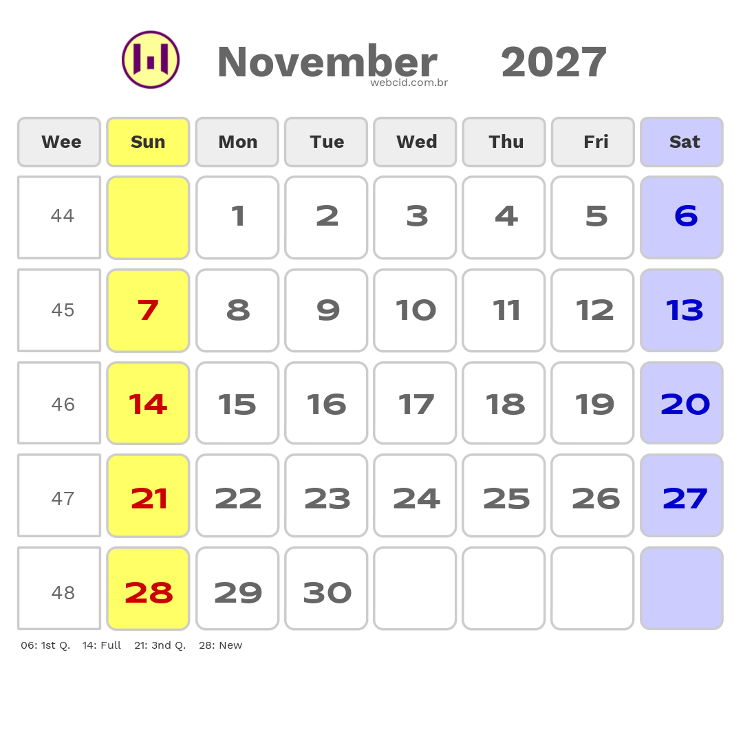 Calendar 2027 - November - Austrália com feriados e fases da lua