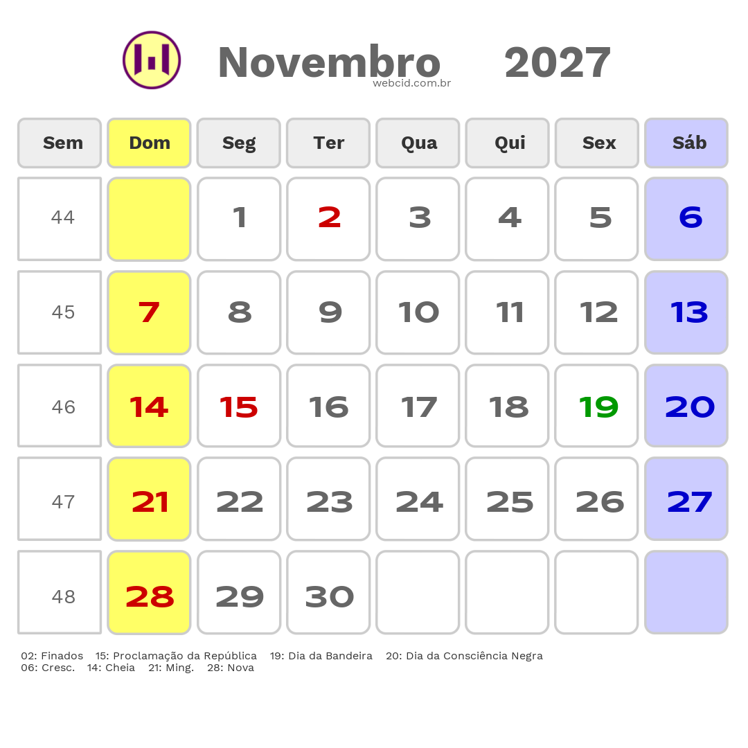 Calendário 2027 - Novembro - Brasil com feriados e fases da lua