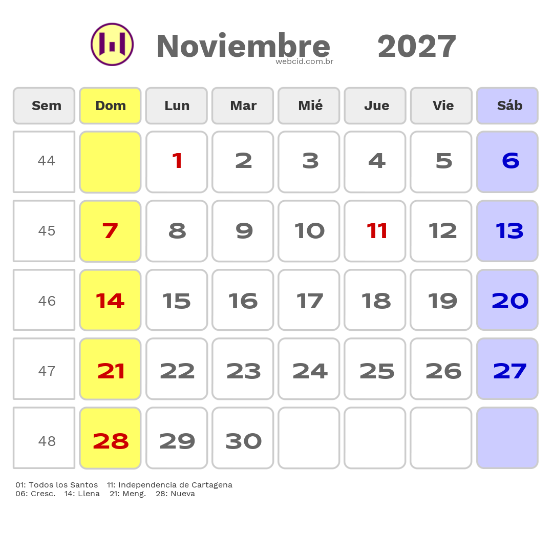 Calendario 2027 - Noviembre - Colômbia com feriados e fases da lua