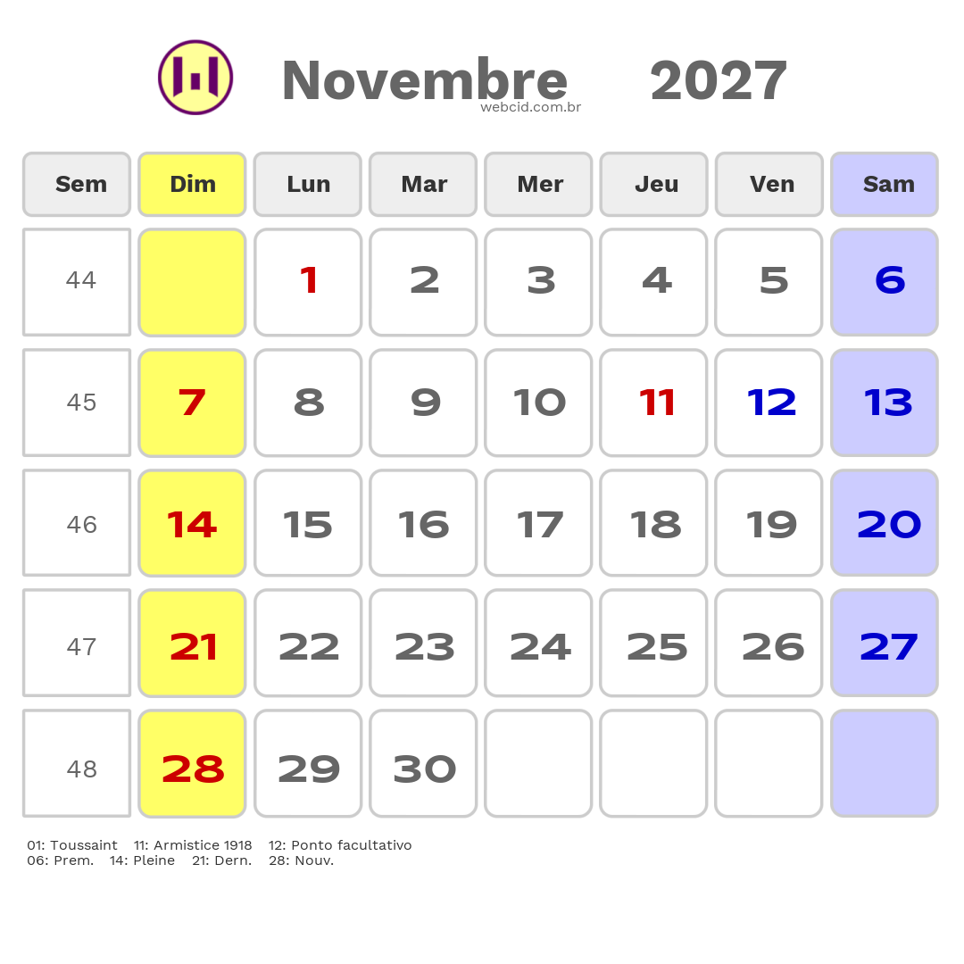 Calendrier 2027 - Novembre - La France com feriados e fases da lua