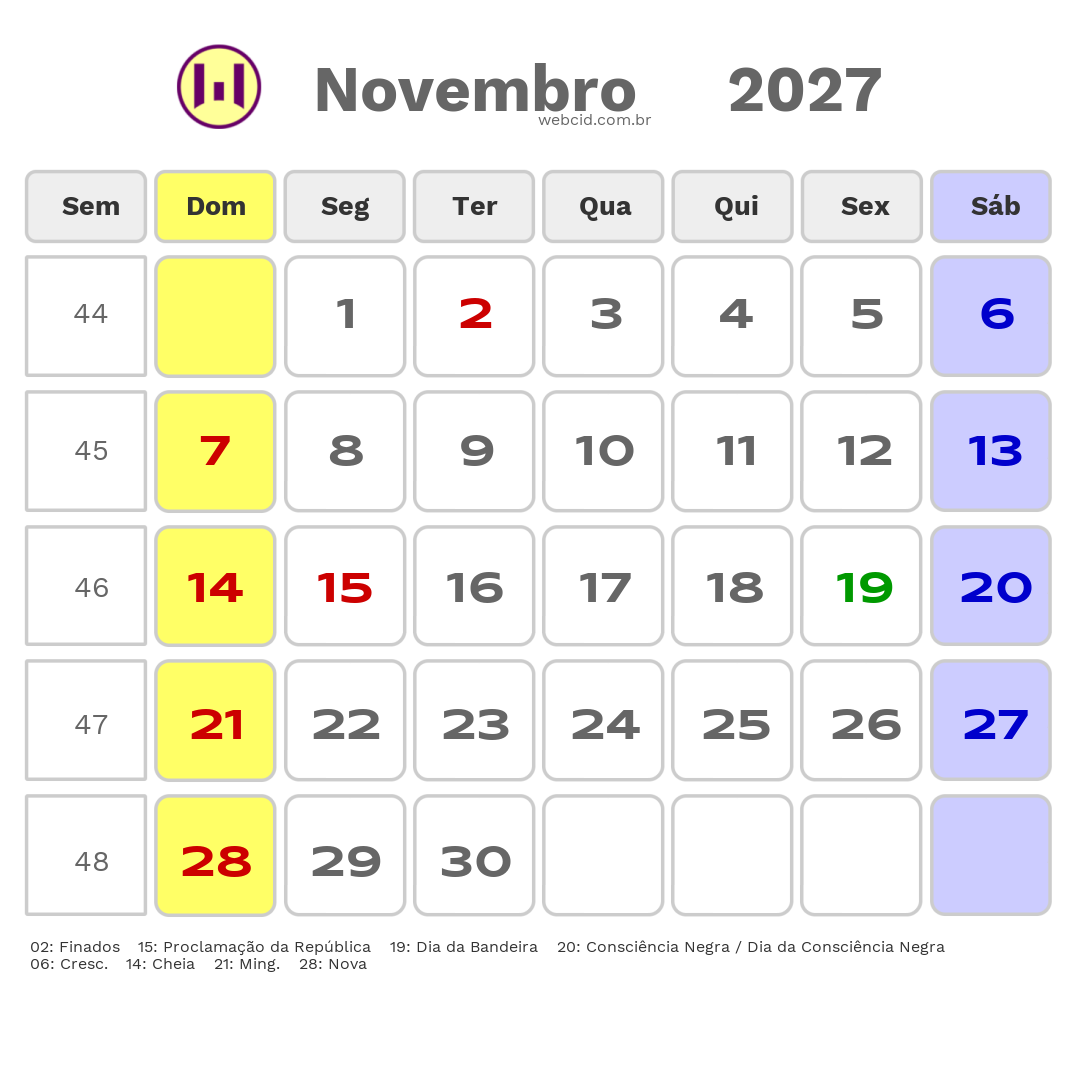 Calendário 2027 - Novembro - Guarantã do Norte-MT com feriados e fases da lua