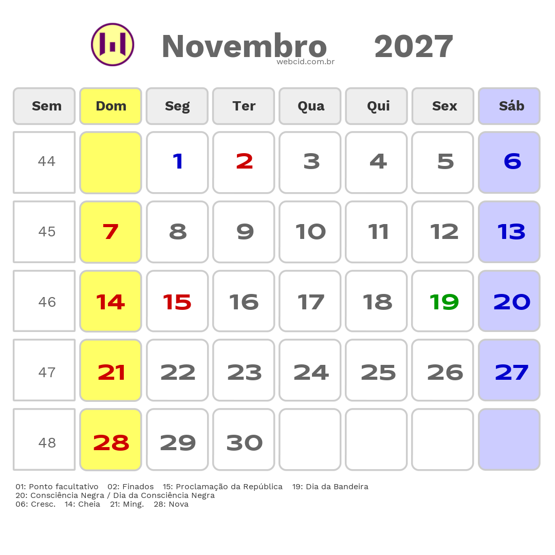 Calendário 2027 - Novembro - São José do Rio Claro-MT com feriados e fases da lua